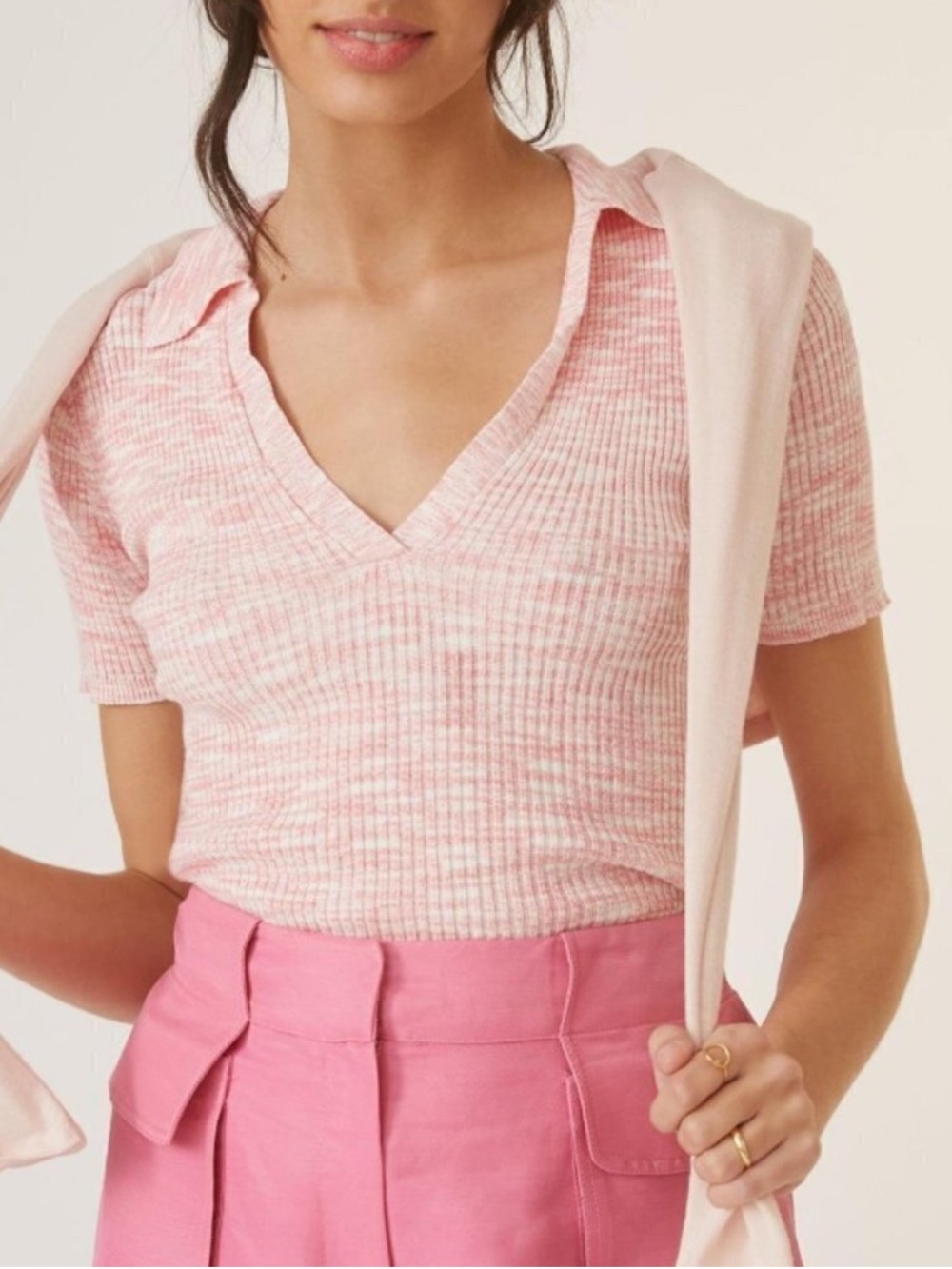 Scotch & Soda Pink Ribbed V-Neck Short Sleeve Top
